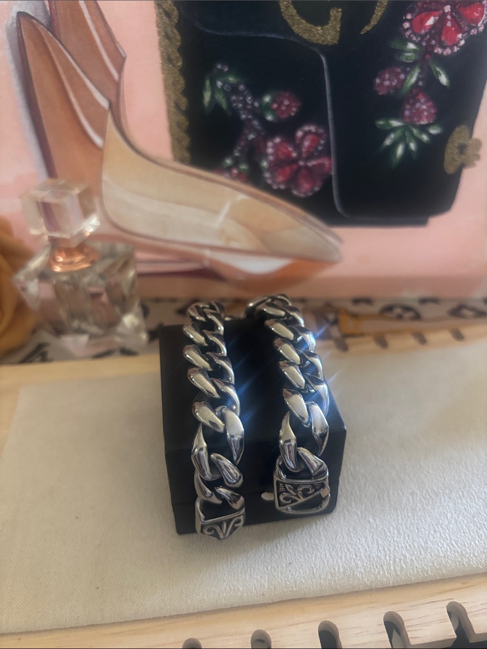 Silver Chunky Chain Bracelet - Black & Silver8.5”